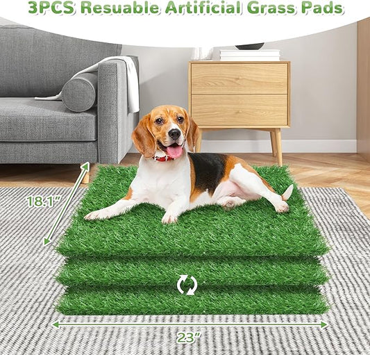 25" x 20" Dog Grass Pad with Tray, 3PCS Washable Artificial Grass Pee Pads for Indoor Dog Potty, Portable Reusable Pet Toilet for Small/Medium Dogs, 3-Layer System