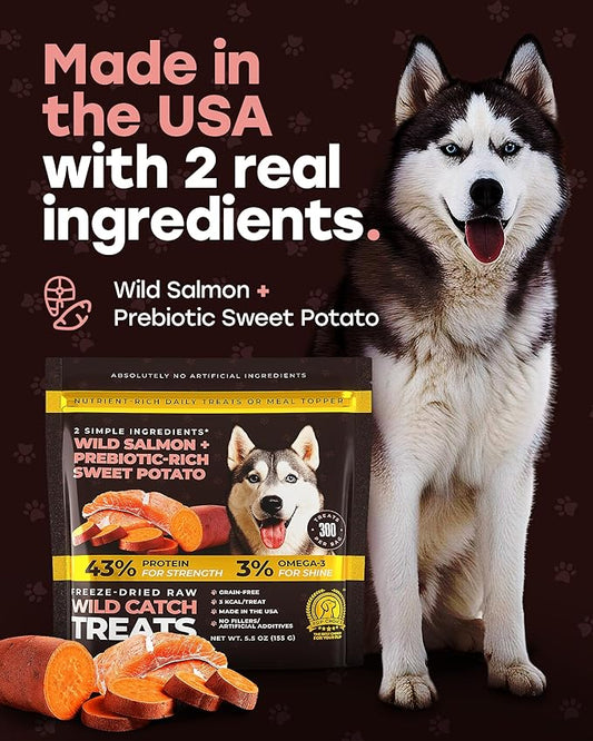 Wild Catch Treats – Freeze Dried Salmon & Sweet Potato Dog Treats – Single Protein, 43% Protein, 3% Omega-3 – Raw Training Treats & Meal Topper – Grain Free – 5.5 oz (300 Count)