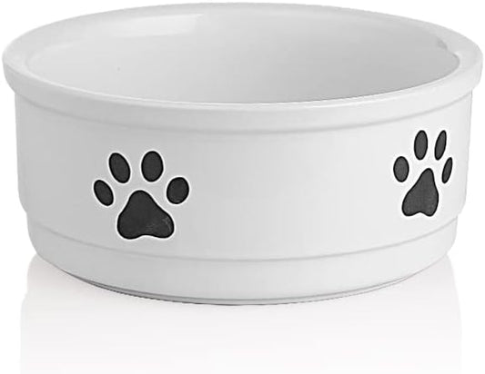 Sweejar Ceramic Dog Bowls with Paw Pattern, Dog Food Dish for Small Dogs, Porcelain Pet Bowl for Water 16 Fl Oz (White)