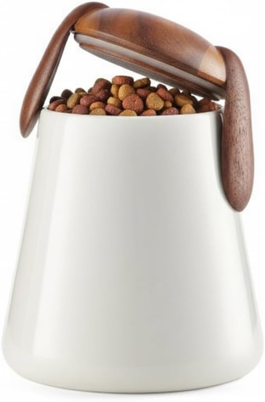 Nambé Dog Treat Jar - 6.5” x 7.5” - Porcelain Storage Container with Acacia Wood Lid, Basset Hound Inspired Ears & Airtight Design for Fresh Dog Treats, Stylish Countertop Pet Treat Storage