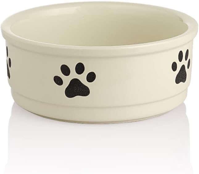Sweejar Ceramic Dog Bowls with Paw Pattern, Dog Food Dish for Medium Dogs, Porcelain Pet Bowl for Water 35 Fl Oz (Beige)