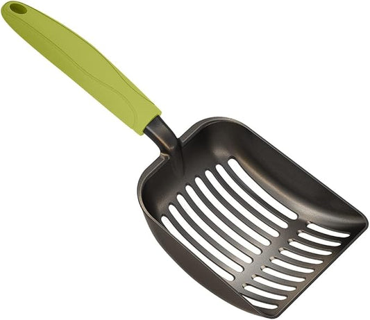 WePet Cat Litter Scoop, Non-Stick Plated Aluminum Alloy Sifter, Kitty Durable Metal Scooper, Deep Shovel, Long Handle, Kitten Pooper Lifter, Size Medium, Coated Black Body with Green Handle