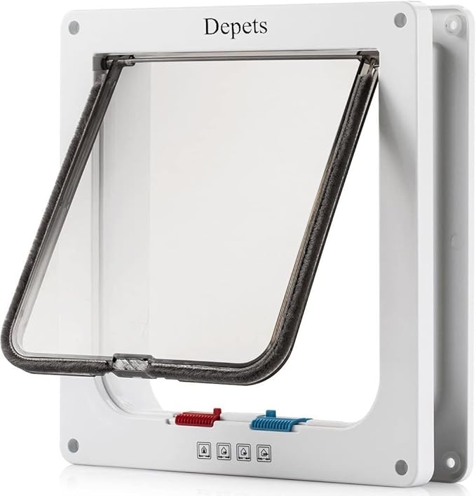 Depets Large Cat Door (Outer Size 9.9" x 9.2"), 4 Way Locking Cat Flap Door for Interior Exterior Doors, Weatherproof Pet Door for Circumference < 23"