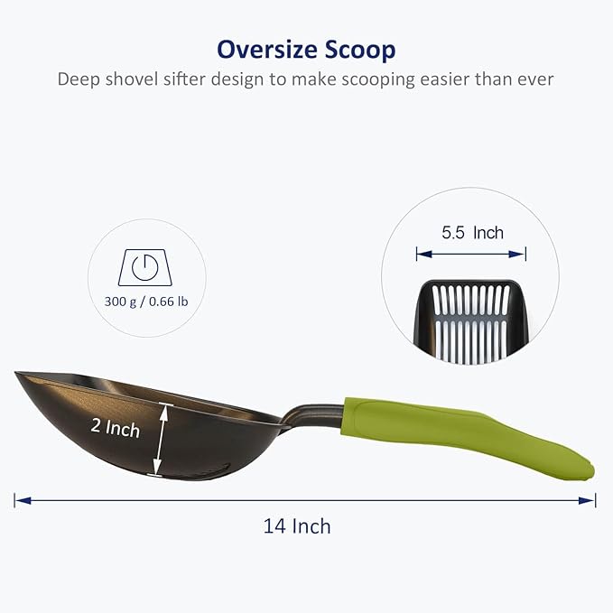 WePet Cat Litter Scoop, Non-Stick Plated Aluminum Alloy Sifter, Kitty Durable Metal Scooper, Deep Shovel, Long Handle, Kitten Pooper Lifter, Size Large, Coated Black Body with Green Handle