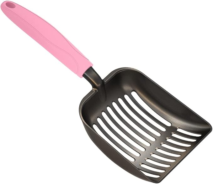 WePet Cat Litter Scoop, Non-Stick Plated Aluminum Alloy Sifter, Kitty Durable Metal Scooper, Deep Shovel, Long Handle, Kitten Pooper Lifter, Size Medium, Coated Black Body with Pink Handle