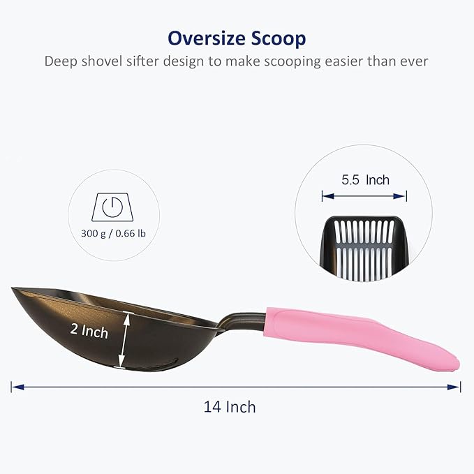 WePet Cat Litter Scoop, Non-Stick Plated Aluminum Alloy Sifter, Kitty Durable Metal Scooper, Deep Shovel, Long Handle, Kitten Pooper Lifter, Size Large, Coated Black Body with Pink Handle