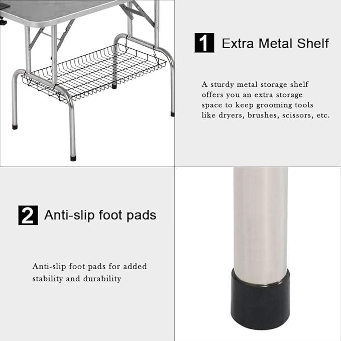 Pet Grooming Table, 42" Adjustable Height Dog Grooming Table with H-Type Arm & Stainless Steel Legs, Non-Slip E1 Grade Top, Tool-Free Folding, Portable for Professional & Home Use(Silver grey, 42inch)