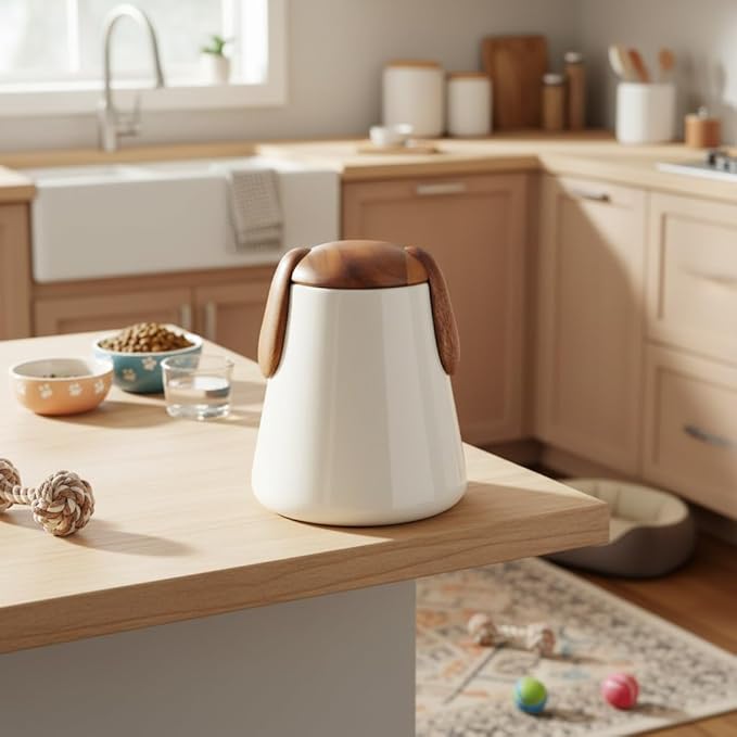 Nambé Dog Treat Jar - 6.5” x 7.5” - Porcelain Storage Container with Acacia Wood Lid, Basset Hound Inspired Ears & Airtight Design for Fresh Dog Treats, Stylish Countertop Pet Treat Storage