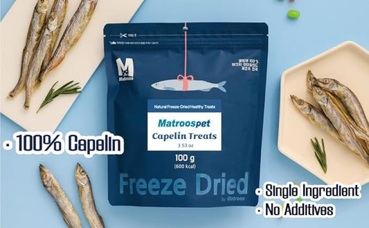 M MATROOS Freeze Dried Raw 100% Natural Single Ingredient Capelin Dog and Cat Treats, 3.53 oz | Healthy Weight Control Traning | Wild Caught, High Protein, Gluten Free, Grain Free