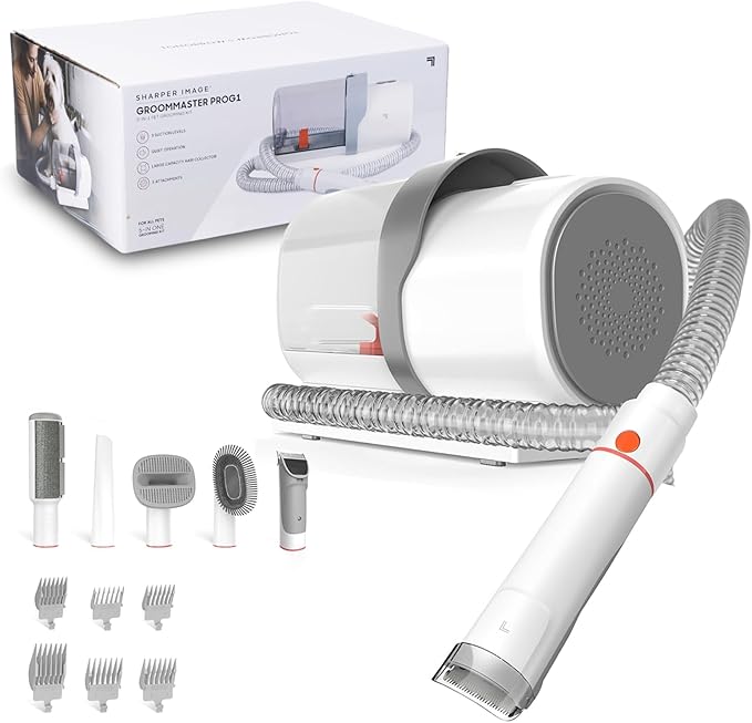 Sharper Image Professional Pet Grooming Vacuum Kit, 5-in-1 Dog Grooming Clippers with Low Noise Trimmer, 2.5L Large Dust Cup, 3 Suction Modes & 5 Grooming Tools for Dogs, Cats and Small Pets
