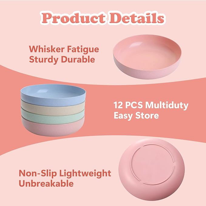 [12 Pack] Cat Dishes Whisker Friendly, Shallow Wide Pet Food and Water Bowl, 5.5 Inch Cat Food Dish, Friendly Wet Feeding Bowl, Durable Wheat Straw Pet Bowls, Pet Plate for Kittens (Indoor/Outdoor)