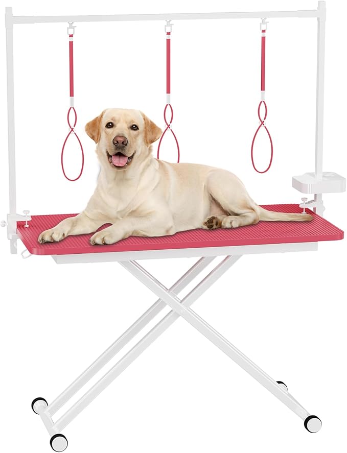 VFK 47" Adjustable Dog Grooming Table with Storage Box & Metal Basket Manual Height-Adjustable Pink Pet Grooming Table for Dogs at Home Use, Waterproof Scratch-Resistant Surface, X-Frame Design