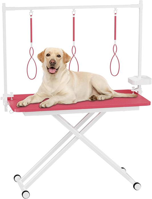 VFK 47" Adjustable Dog Grooming Table with Storage Box & Metal Basket Manual Height-Adjustable Pink Pet Grooming Table for Dogs at Home Use, Waterproof Scratch-Resistant Surface, X-Frame Design
