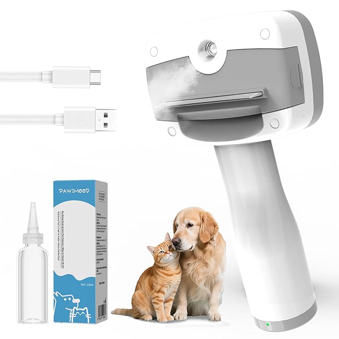3 in 1 Pet Steam Brush for Dogs & Cats – Self Cleaning,Hair Removal Comb Steam for Thinning & Grooming for Long & Short Haired Pets, Includes Pet Essence