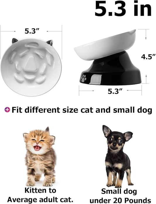 Y YHY Ceramic Cat Slow Feeder, Elevated Dog Food Bowl Tilted Design, Slow Feeder Bowl no Black Chin, Cat Shape for Dry and Wet Food