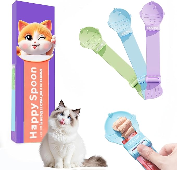 LICKJIMO-3PC Cat Treat Spoon Squeeze with Roller Squeezer,Cat Treat Feeder Spoon for Lickable Churu Cat Treats,Cat Spoon for Licky Treats,No Leftover,Zero Waste(3 Color)