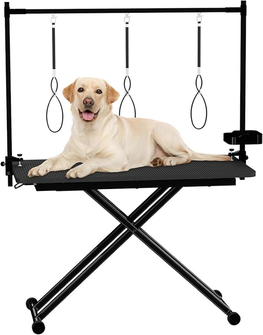 VFK 47" Adjustable Dog Grooming Table with Storage Box & Metal Basket Manual Height-Adjustable Black Pet Grooming Table for Dogs at Home Use, Waterproof Scratch-Resistant Surface, X-Frame Design