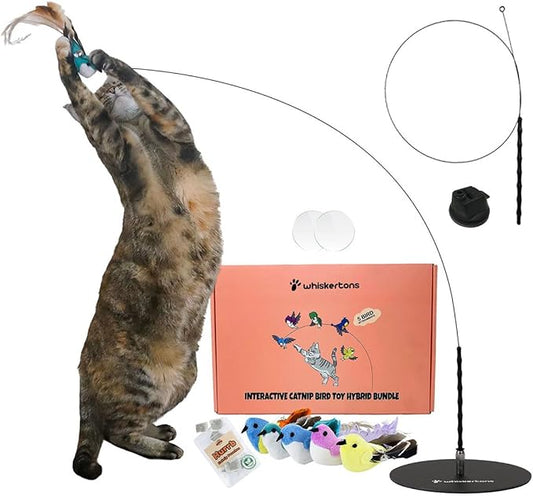 Whiskertons Interactive Bird Simulation Cat Toy Set, Interactive Cat Toys for Indoor Cats, Cat Feather Toy, Self-Holding Suction Cup, 5 Catnip Birds, Feathers, Bells (Catnip Hybrid Bundle)