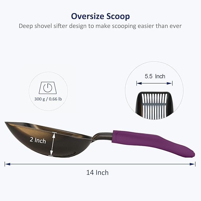 WePet Cat Litter Scoop, Non-Stick Plated Aluminum Alloy Sifter, Kitty Durable Metal Scooper, Deep Shovel, Long Handle, Kitten Pooper Lifter, Size Large, Coated Black Body with Violet Handle