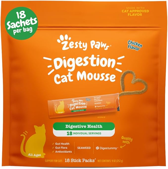 Zesty Paws Cat Mousse Squeezies Puree Cat Treats for Digestion - with Seaweed, Omega Fatty Acids, Antioxidants - Support for Digestive Health Cats - Chicken Flavor - 18 Count