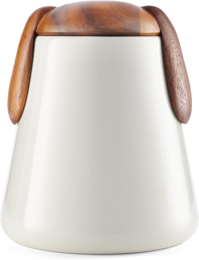Nambé Dog Treat Jar - 6.5” x 7.5” - Porcelain Storage Container with Acacia Wood Lid, Basset Hound Inspired Ears & Airtight Design for Fresh Dog Treats, Stylish Countertop Pet Treat Storage