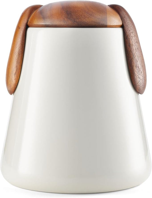 Nambé Dog Treat Jar - 6.5” x 7.5” - Porcelain Storage Container with Acacia Wood Lid, Basset Hound Inspired Ears & Airtight Design for Fresh Dog Treats, Stylish Countertop Pet Treat Storage