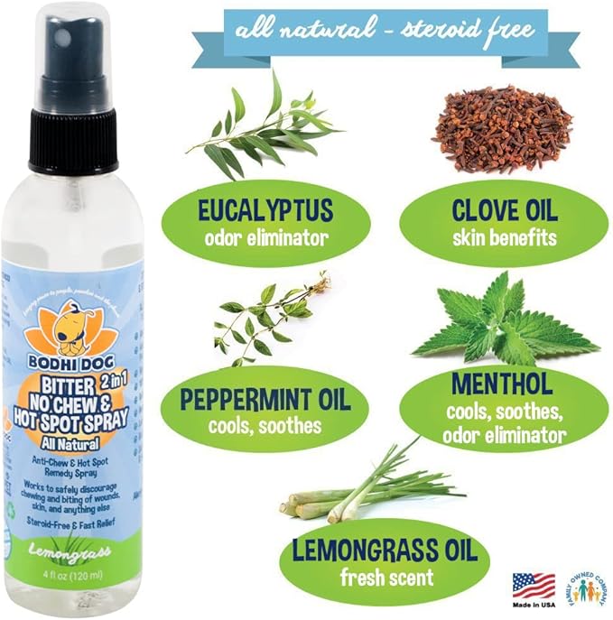 Bodhi Dog Bitter 2-in-1 No Chew & Hot Spot Spray - Natural Anti-Chew Remedy Better Than Bitter Apple - Soothes Hot Spots, Deters Chewing - Safe for Skin, Wounds & Furniture- Made in USA (4 Fl Oz)