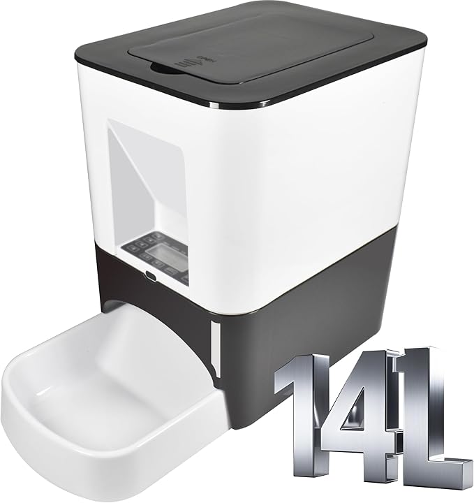 14L Automatic Dog Feeder Large Breed, Programmable Auto Pet Food Dispenser, Timed Dog Feeder Extra Large, Portion Control, 1200mAh Battery and Plug-in Power (White)