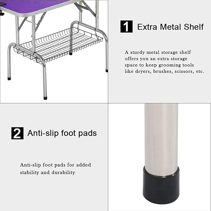 Pet Grooming Table, 32" Adjustable Height Dog Grooming Table with H-Type Arm & Stainless Steel Legs, Non-Slip E1 Grade Top, Tool-Free Folding, Portable for Professional & Home Use(Purple, 36inch)