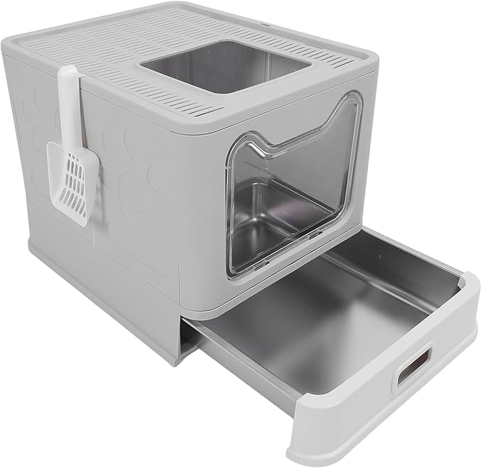 , Stainless Steel Enclosed Cat Toilet Folding Odor Control Simply Pull Out for Pet Shop (#1) (#2)