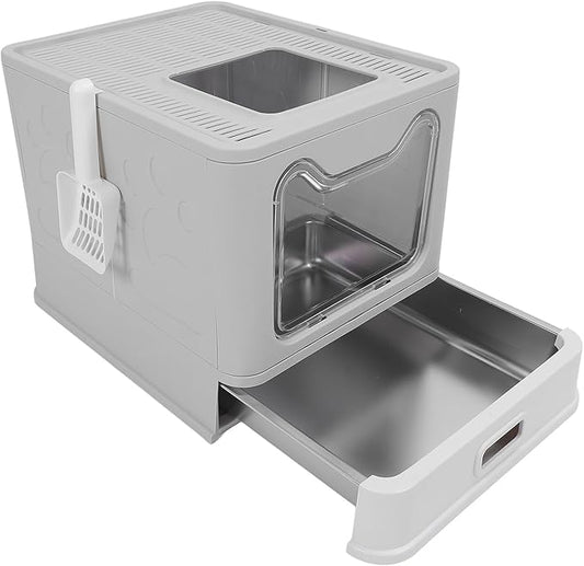 , Stainless Steel Enclosed Cat Toilet Folding Odor Control Simply Pull Out for Pet Shop (#1) (#2)