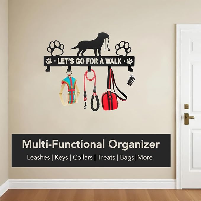 11 Inch 5-Hooks Heavy Duty Metal Dog Leash Holder for Wall - 1.5mm Thick, Rust Resistant with 4 Screws - Decorative Organizer for Collars, Leashes, Keys & Harnesses