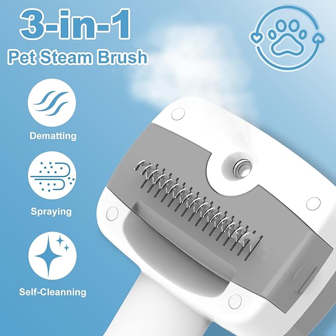 3 in 1 Pet Steam Brush for Dogs & Cats – Self Cleaning, Hair Removal Comb Steam for Shedding & Dematting for Long & Short Haired Pets,Includes Pet Essence