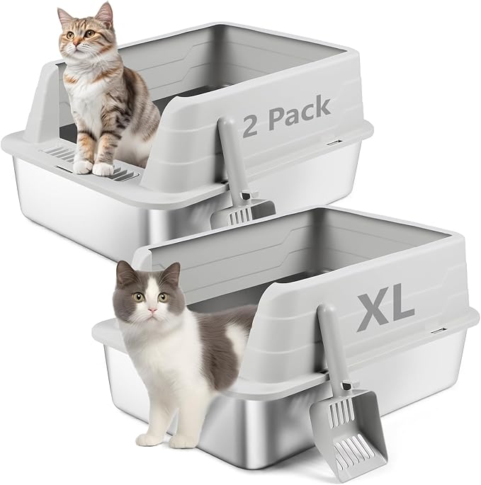 2 Pack Stainless Steel Litter Box, XL 22.9”x15”x 10.3” High Sided Metal Cat Litter Tray with Scoop, Cat Litter Box for Anti-Splash, Odor Control, Non-Sticky, Easy to Clean (Light Grey)