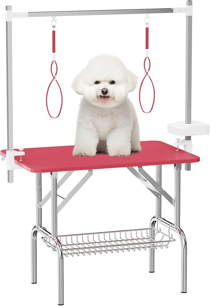 VFK 36''/47''Large Dog Grooming Table, Foldable Pet Station at Home, Dog Grooming Table,Adjustable Cat Drying Desktop with Arms, Nooses, Mesh Tray (Stainless Steel pet Table, 36" Pink)