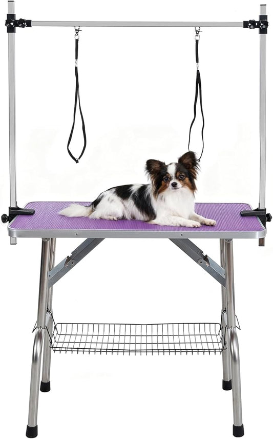 Pet Grooming Table, 32" Adjustable Height Dog Grooming Table with H-Type Arm & Stainless Steel Legs, Non-Slip E1 Grade Top, Tool-Free Folding, Portable for Professional & Home Use(Purple, 36inch)