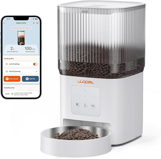 WOPET Automatic Cat Feeder, 5G WiFi Smart Pet Feeder for Dogs and Cats with APP Control, Low Food Sensor, 10s Voice Recorder, Up to 10 Meals Daily, Dual Power Supply, Timed Dog Food Dispenser