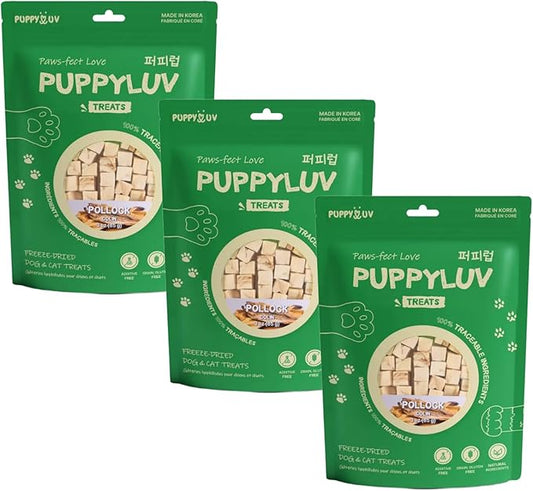 Puppyluv Freeze Dried Pollock Dog & Cat Treats, Wild Caught, Single Ingredient, Natural High Protein & Fish Oil, Grain Free, Gluten Free, 3.0oz x 3p