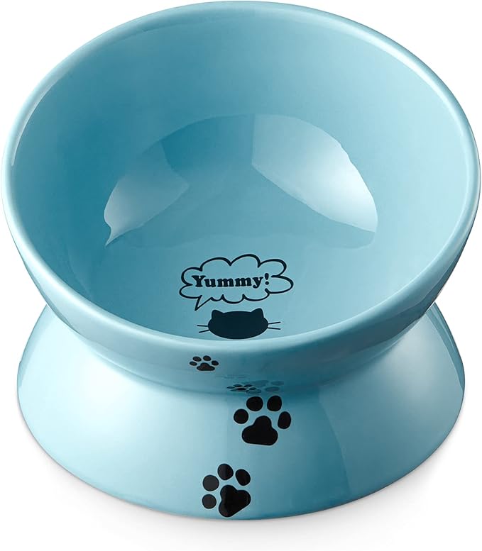 Y YHY Elevated Cat Food Bowl, Ceramic Raised Bowl, Tilt Angle Protects Cat's Spine, Anti Vomiting Dish, Backflow Prevention, Lake Blue