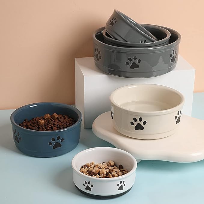 Sweejar Ceramic Dog Bowls with Paw Pattern, Dog Food Dish for Small Dogs, Porcelain Pet Bowl for Water 16 Fl Oz (White)