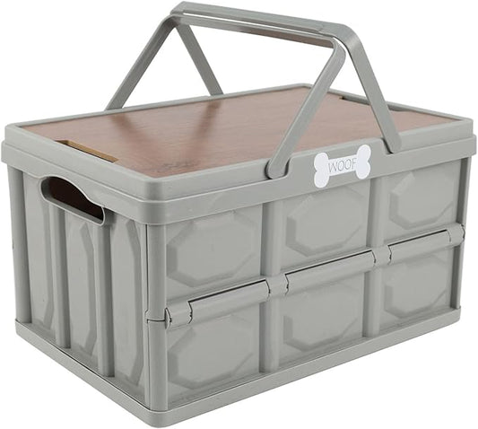 Outdoor Dog Toy Bin wtih Handles,Collapsible Dog Stuff Organizer Portable,Pet Storage Basket with Wood Cover for Dog Toys/Snack/Camping Essentials,Ideal for Car Trunk,RV Trip,Picnic-Gray