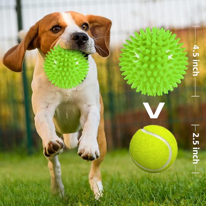 4.5” Heavy Duty Squeaky Dog Balls Toys for Medium Large Dogs 4 Pack Indestructible Dog Toys for Aggressive Chewers Spike Dog Balls for Clean Teeth and Training Dog Toys for Boredom and Stimulating