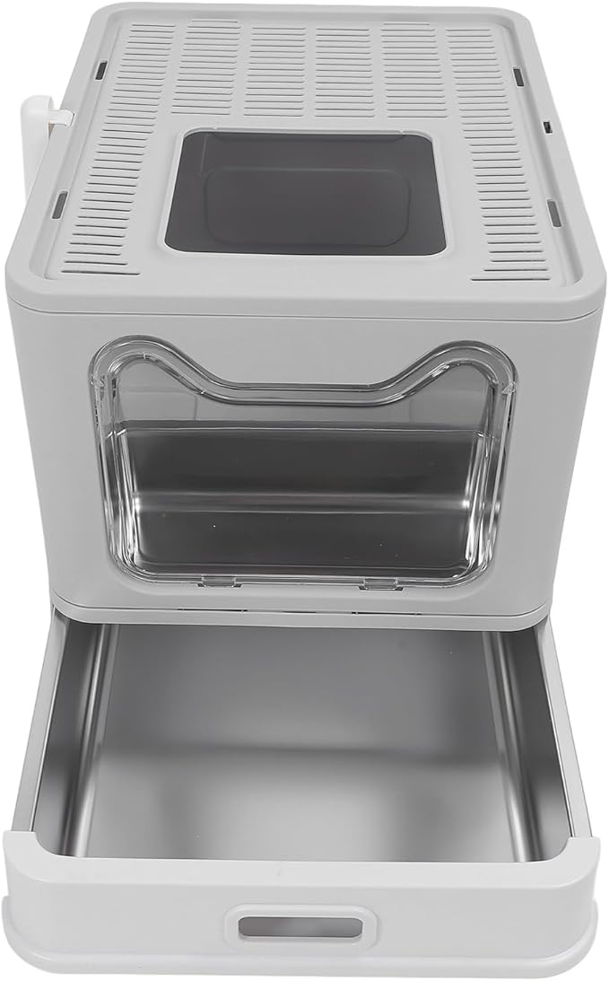 , Stainless Steel Enclosed Cat Toilet Folding Odor Control Simply Pull Out for Pet Shop (#1) (#2)