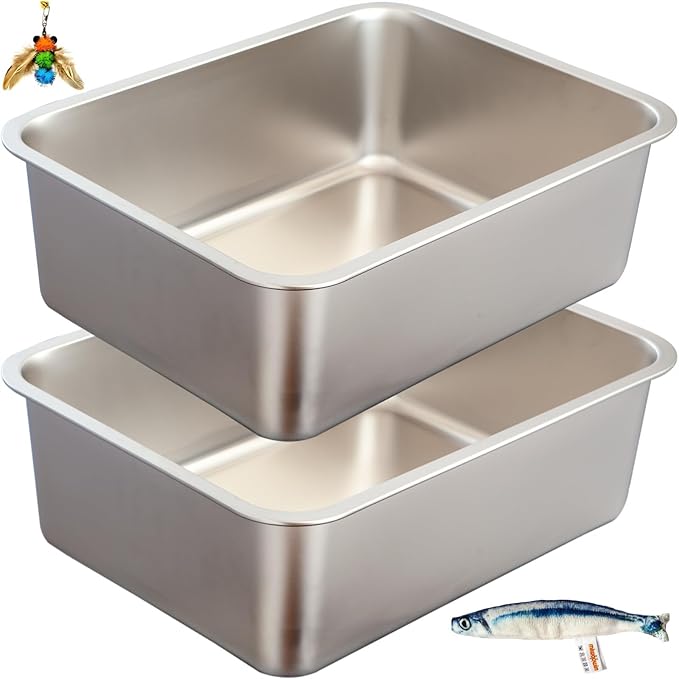 2-Pack Stainless Steel Cat Litter Boxes, Includes Catnip Fish Toy & Wand Feather Toy Refill, Easy to Clean, Pet Toilet Supplies for Kitten, Kitty, Rabbit, Metal Litter Pans for Multi-Cat Homes