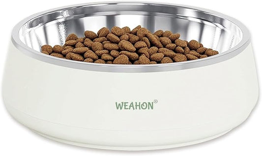 1.3L (44oz) 304 Stainless Steel Pet Bowl, Durable ABS Base with Non-Slip Design and Easy Clean, Chew-Resistant Cat & Dog Food Bowls, Cream White