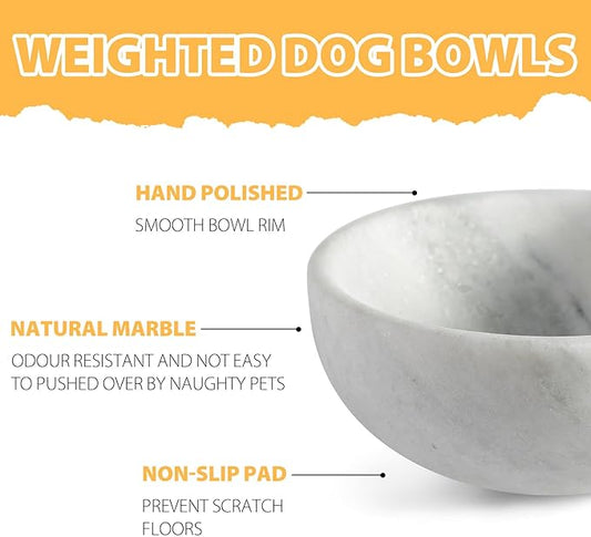 White Dog Bowl, Marble Dog Food Bowl, Non-Slip Stone Dogs Water Bowl Large, Non-Tipping Heavy Duty Pet Bowl for Large Dogs, African Natural Marble, Holds 4.6Cups(7.5lbs)