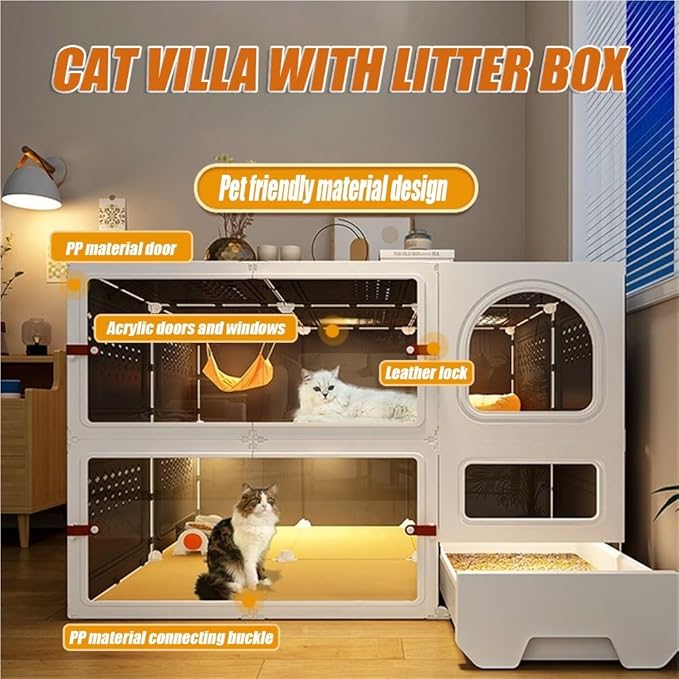Home Indoor Cat Cage, 2/3/4 Tier DIY Large Cat Cages House with Litter Box, Plastic Pet Enclosure for Ferret, Chinchilla, Rabbit(White,41.3''x17.7''x27.6'')
