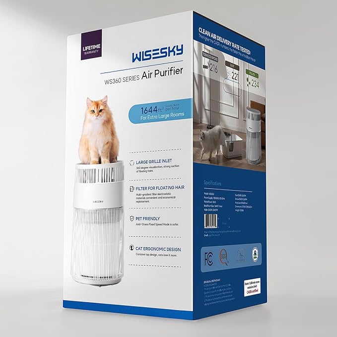 WiseSky Pet Air Purifier, 3-in-1 HEPA Filter for Cat Hair Dander Odor Dust, for Home Large Room, Up to 1644 ft², Smart App Control, 360° Air Intake, W-Cat, White