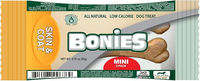 Bonies Natural Skin & Coat Formula Minis-Sized Bone, Promote Silky Coat & Healthy Skin, Healthy Teeth & Fresh Breath, Low Calories - Chicken Flavor, MINI Dog, 2 Bone Pack