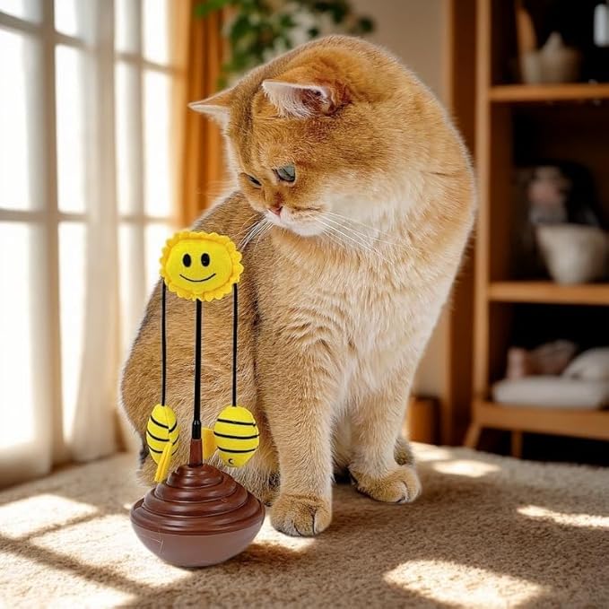 Wobble Cat Toy, an Adorable Interactive Rolling pet Toy Featuring Fun Sunflower Decorations and Feathers to Ignite Your Cat's Hunting Instincts. (Yellow)